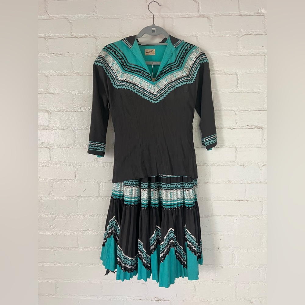 Patio Dress Skirt & Blouse Set Black, Silver and Turquoise Small Women's